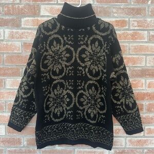 Vintage Black Gold Baroque Knit Sweater Oversized Medium 80s Statement Victorian